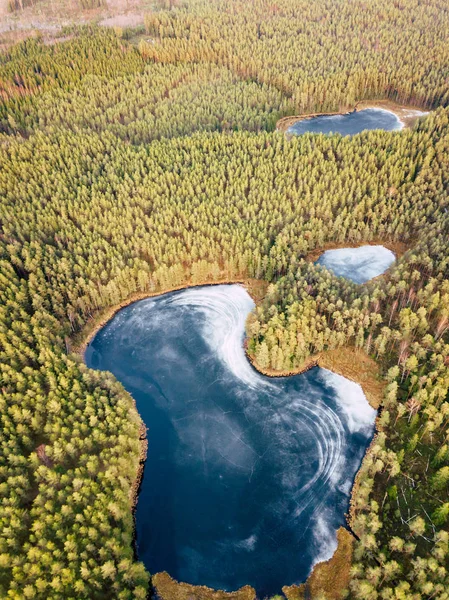 Fotografía Aérea Lago Parcialmente Congelado Rodeado Hermosos Colores Verdes Los — Foto de Stock