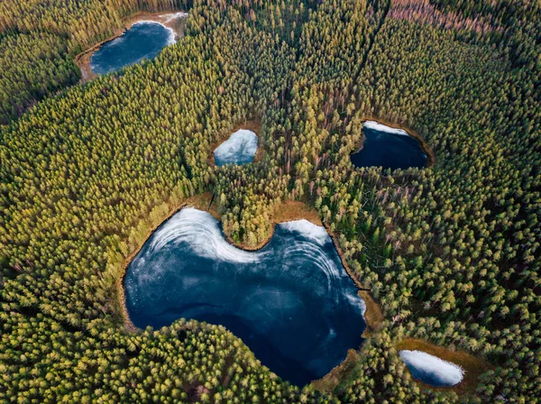 Fotografía Aérea Lago Parcialmente Congelado Rodeado Hermosos Colores Verdes Los — Foto de Stock