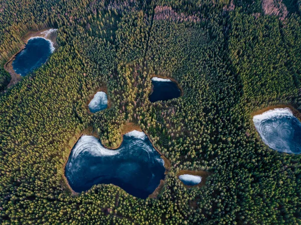 Fotografía Aérea Lago Parcialmente Congelado Rodeado Hermosos Colores Verdes Los — Foto de Stock