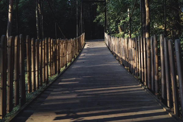 Stimmungsvolles Dunkles Foto Der Holzbrücke Park Zwischen Wäldern Entsättigt Raum — Stockfoto