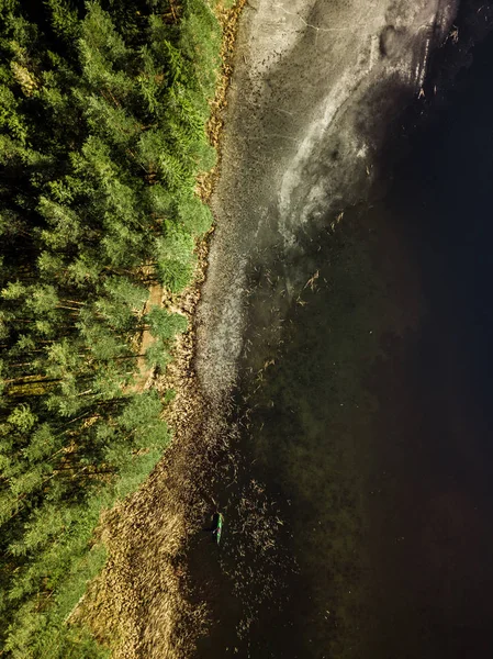 Aerial Drone Photograph Partly Frozen Lake Snowy Early Spring Boat — Stock Photo, Image