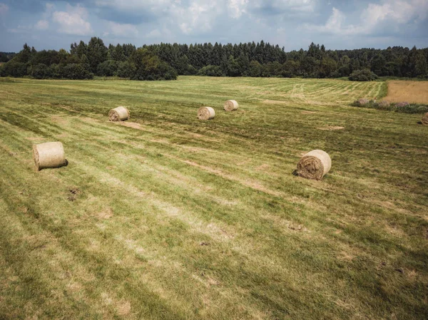 Aerial Drone Photo of Hay Rolls in the Wheat Field, Surrounded with Forests  - Sunny Summer Day, Vintage Look Edit