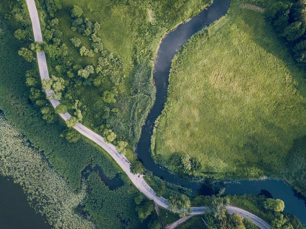 Aerial Photo Road Going River Trees Top View Early Spring — Stock Photo, Image