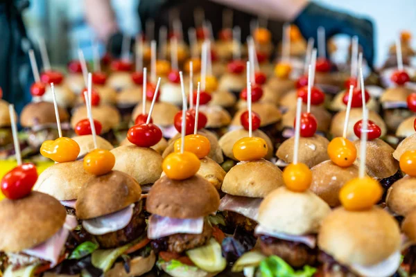 Küçük Yapımı Burger Closeup Görünümünü Turşu Domates Domuz Pirzola Salata — Stok fotoğraf