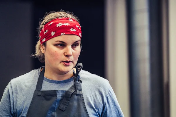 Female Chef Taking a Break from Meal Preparation - Frustrated, Worried, Concept of a Hard Working Person, Vintage Film Look