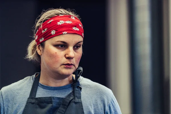 Female Chef Taking a Break from Meal Preparation - Frustrated, Worried, Concept of a Hard Working Person, Vintage Film Look