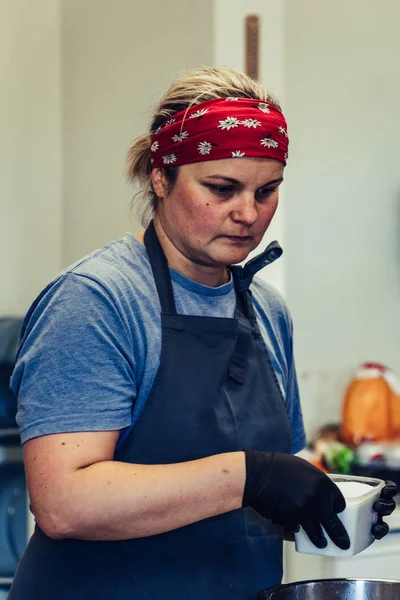 Female Chef Taking a Break from Meal Preparation - Frustrated, Worried, Concept of a Hard Working Person, Vintage Film Look