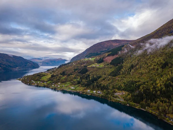 Drone Photo Cityscape Leon Norway Innvikfjorden Fjord Foreground Clouds Covering — Stock Photo, Image