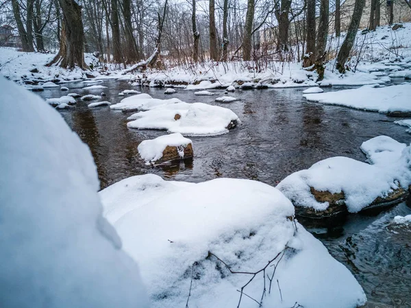 Nahaufnahme Details Von Teilweise Gefrorenen Bewölkten Wintertagen Mit Schnee Bedeckt — Stockfoto