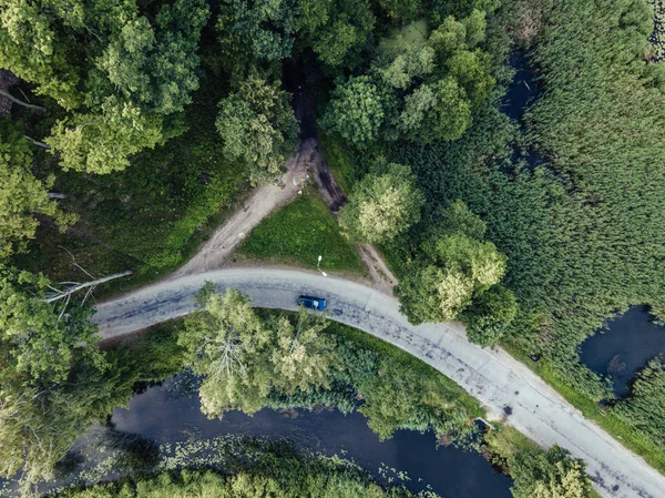 Drone Photo Car Driving Road River Trees Top View Early — Stock Photo, Image