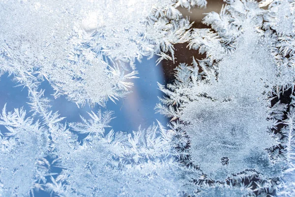 Φωτογραφία Closeup Λεπτομέρειες Στο Παγετός Στο Παράθυρο Μια Ηλιόλουστη Μέρα — Φωτογραφία Αρχείου