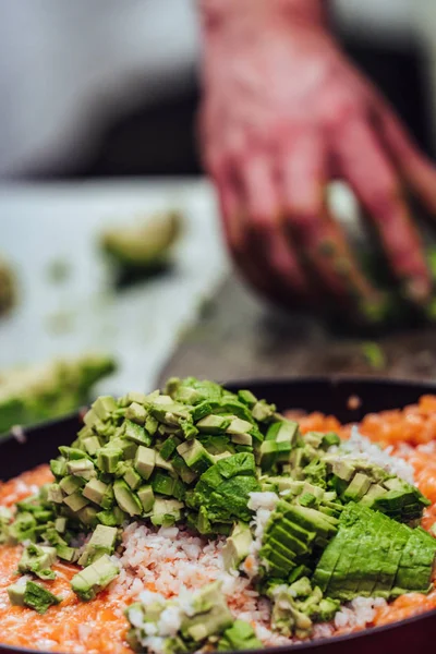 Male Chef Slicing Avocado for Wedding Meal - Kitchen Set with Isolated Action, Only Chef`s Hands, Vintage Film Look