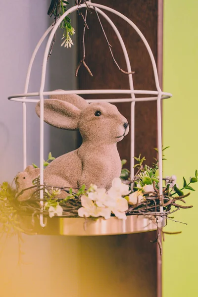 Isolated Handmade Easter Decorations (Bunny with Blossom Flowers in Cage) - Concept of the Harmony and Peace in Family Royalty Free Stock Photos
