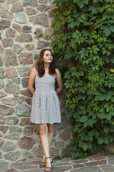 Beautiful Girl Dress Stands Wall Street — Stock Photo, Image