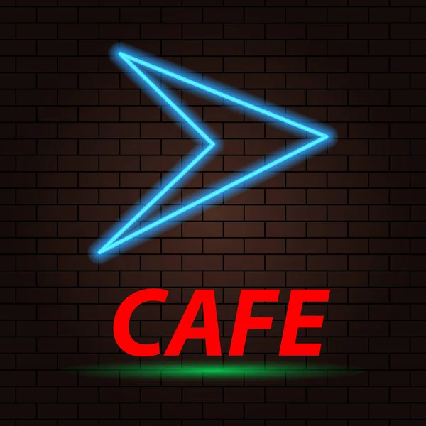 Neon Nyíl Felirat Café Tégla Háttér Vektoros Illusztráció — Stock Vector