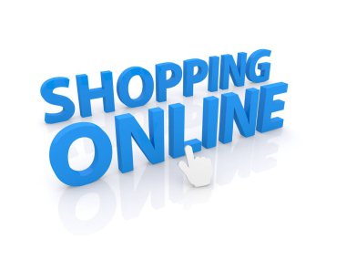 Bilgisayar imleç yazıt üzerinde online alışveriş tıklatır. 3D render illüstrasyon.