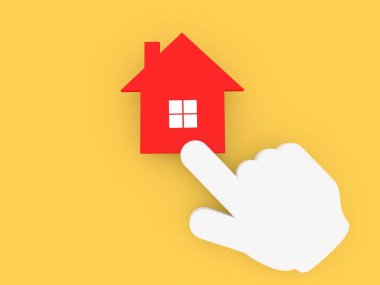 İmleç el ev ikonuna tıklayarak. 3D render illüstrasyon.