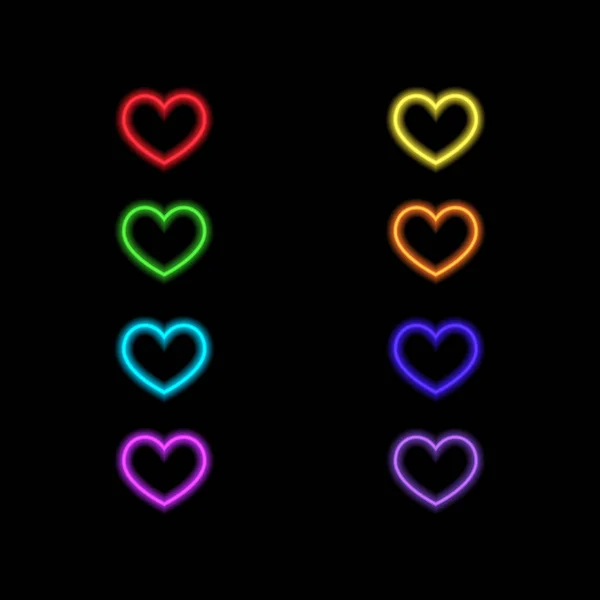 Siyah Bir Arka Plan Üzerinde Renkli Neon Kalpler Vektör Çizim — Stok Vektör