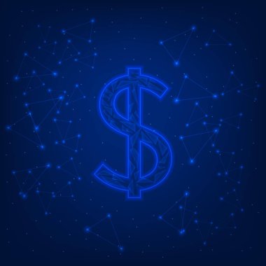Mavi bir arka plan üzerinde parlayan dolar işareti. Vektör çizim .