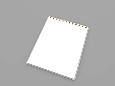 Gri arka plan üzerinde beyaz not defteri mockup. 3D render illüstrasyon.