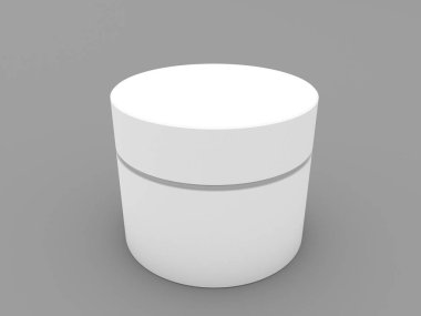 Gri arka plan üzerinde beyaz boş yuvarlak kapsayıcı. 3D render illüstrasyon.
