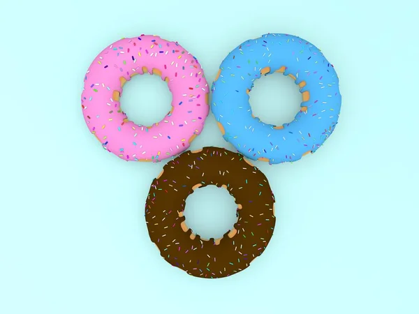 Три Цветных Пончика Синем Фоне Трехмерная Иллюстрация — стоковое фото