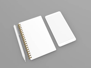 Gri arka planda boş beyaz dizüstü kalem ve cep telefonu. 3d render illüstrasyon.