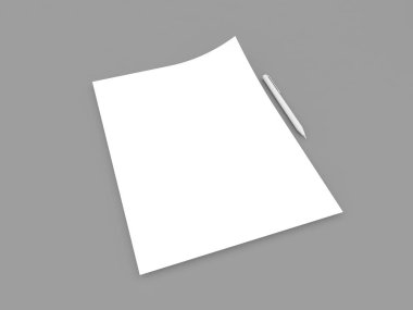 Gri bir arka plan üzerinde kalem ve beyaz kağıt. 3d render illüstrasyon.