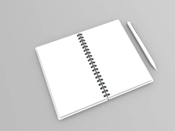 Cuaderno Blanco Blanco Pluma Sobre Fondo Gris Ilustración Renderizado —  Fotos de Stock