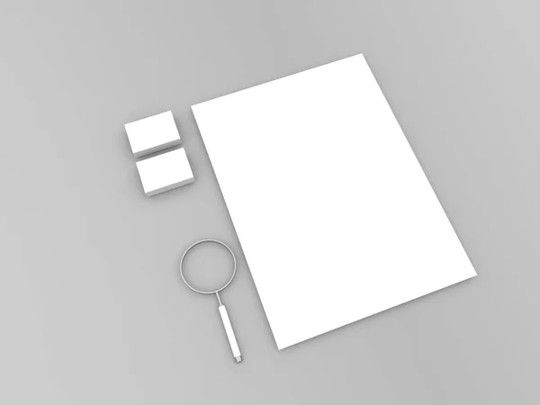 Blatt Papier Lupe Und Visitenkarten Auf Grauem Hintergrund Darstellung — Stockfoto