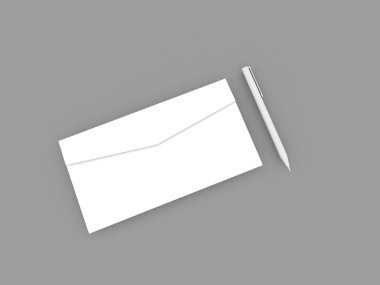 Beyaz zarf ve gri arka planda kalem modeli. 3d resimleme.