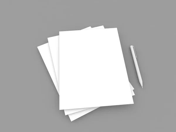 Weiß Papierbögen Und Stift Auf Grauem Hintergrund Darstellung — Stockfoto