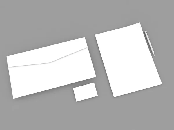 White Paper Sheet Envelope Business Card Pen Gray Background Render — 스톡 사진