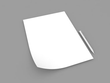 Beyaz A4 kağıt levha ve gri arka planda kalem. 3d resimleme.
