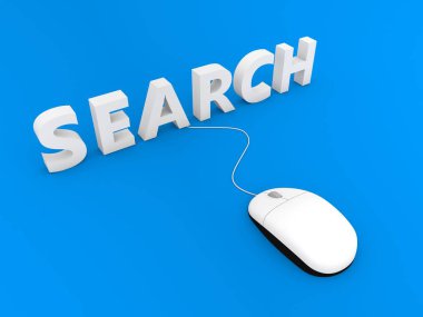 Mavi arka plan üzerinde arama ve bilgisayar faresi. 3d render illüstrasyon.