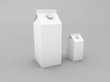 Gri arka planda iki paket meyve suyu sahte. 3d render illüstrasyon.
