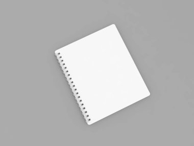 Gri arka plan üzerine not defteri beyaz kitap. 3d render illüstrasyon.