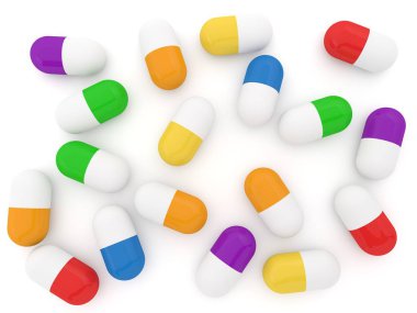 Beyaz arka plan üst görünümünde Pills. 3d render illüstrasyon
