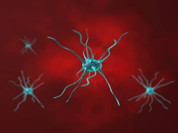 Modré Bakterie Viry Červeném Pozadí Vykreslení Ilustrace — Stock fotografie