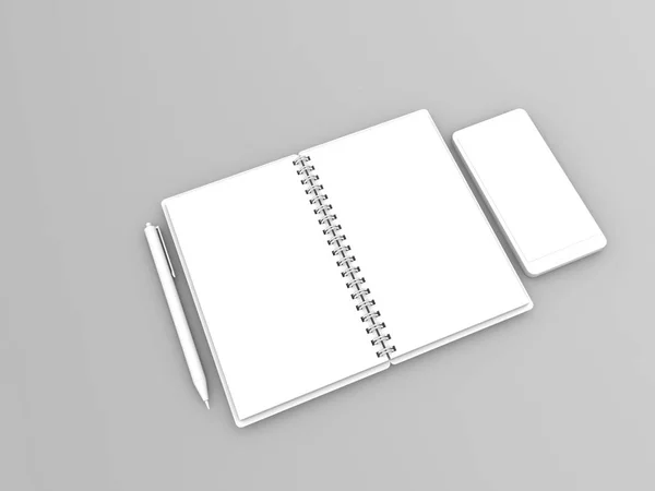 灰色の背景に携帯電話のノートブックとペンモックアップ レンダリング イラストレーション — ストック写真
