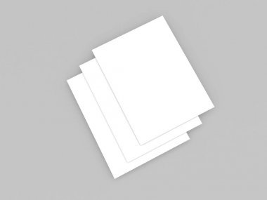 A4 beyaz sayfalar gri arka planda alay. 3d render illüstrasyon.