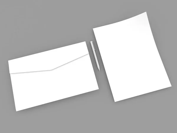 封筒ペンと紙のシートは 灰色の背景にモックアップ レンダリング イラストレーション — ストック写真