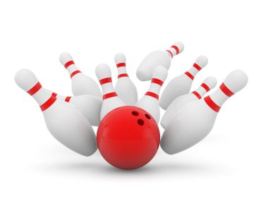 Bowling topu ve beyaz bir arka plan üzerinde dağınık skittles. 3d render illüstrasyon.