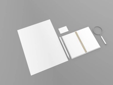 Gri arka planda cam kartvizit şablonu büyüteç. 3d render illüstrasyon.