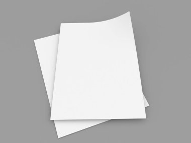 Gri arka planda kağıt sayfaları şablonu. 3d render illüstrasyon.