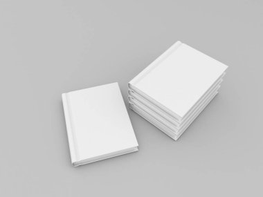 Beyaz kitaplar gri arka planla alay ediyor. 3d render illüstrasyon.