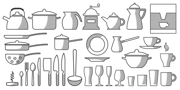 Vajilla de cocina conjunto bw — Archivo Imágenes Vectoriales