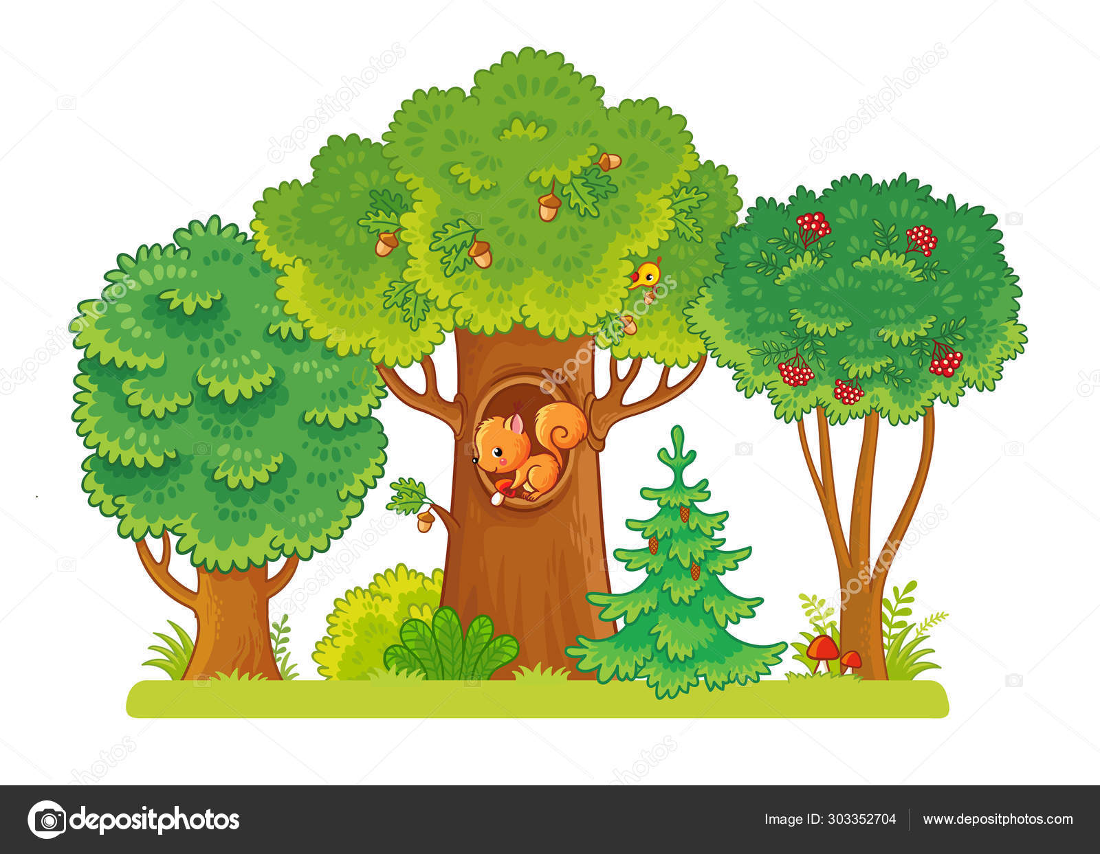 Three Trees Glade Berries Acorns Squirrel Sits Hollow Trees White ...