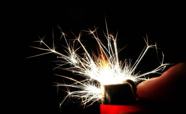 Sparks Take Colorful Crystalline Shapes Come Out Cigarette Lighter — Stock Photo, Image