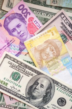 Para banknot: Usd ve EUR. Ukraynalı Hryvnias ve bize Doları döviz. Para birimi